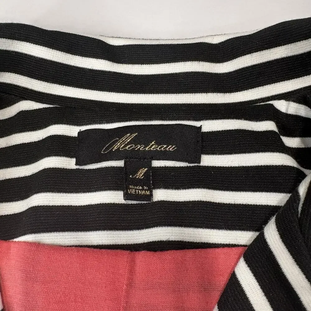 MONTEAU Size M Stripe Blazer Jacket Black White Hot Pink Lined Button Stretch - Picture 2 of 8